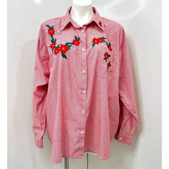Karen Scott Women's Christmas Blouse Red Stripe Button Collar Embroidered 2X - Picture 1 of 13